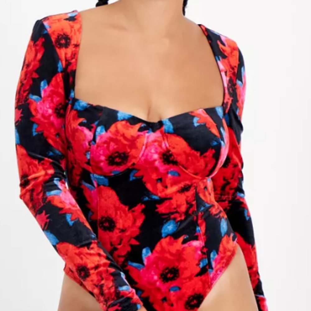 Never-worn, floral print square neck bodysuit velvet